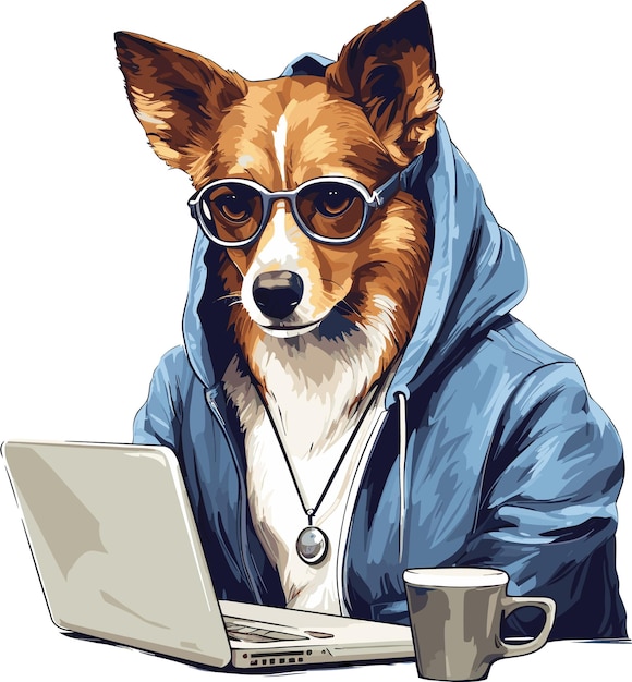 Ilustracja Psa W Kapturze Z Laptopem I Filiżanką Kawy