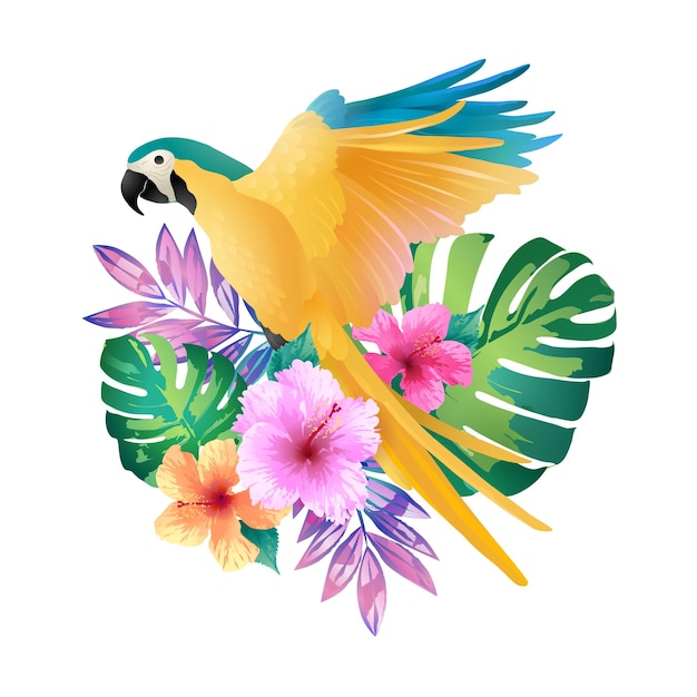 Ilustracja Ptaka Ara Z Tropikalnymi Liśćmi I Kwiatami Na Białym Tle
