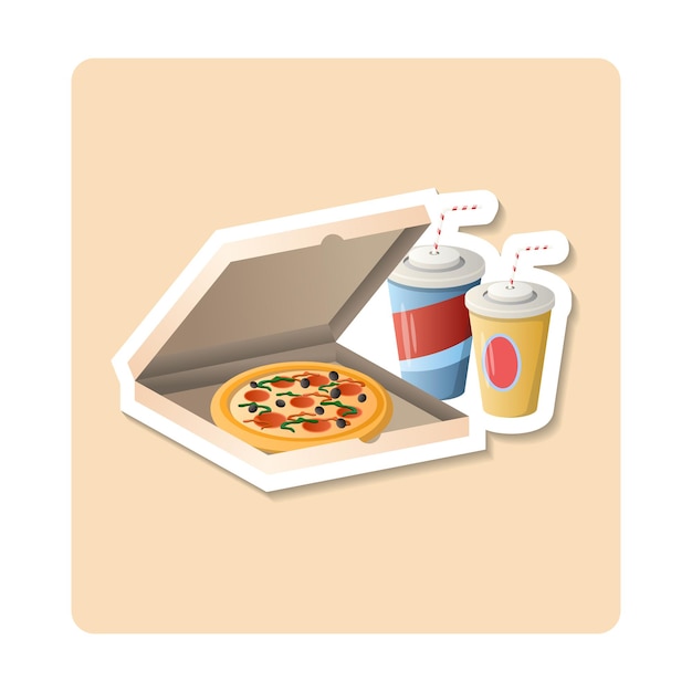 Plik wektorowy ilustracja pudełka z naklejkami na pizzę, kubek ze słomy, karton edytowalny