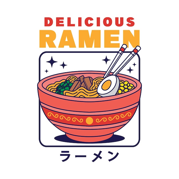 Ilustracja Pysznego Japońskiego Makaronu Ramen Na Miskę Z Rocznika Retro Płaski