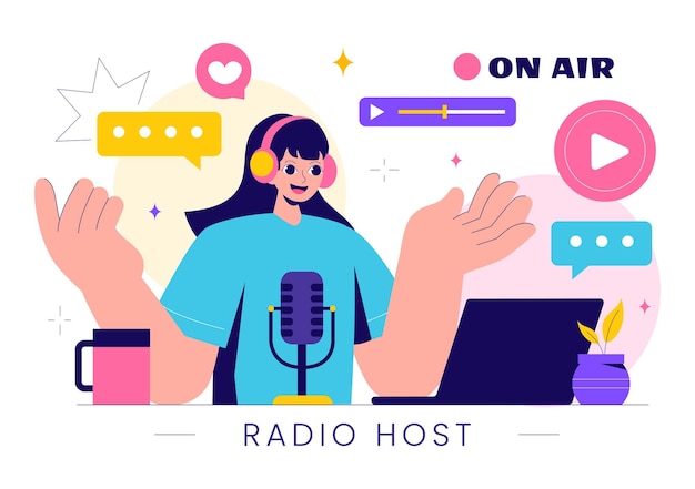 Ilustracja radiowa przedstawiająca ludzi noszących słuchawki podczas rozmowy i nagrywania audio podcastu lub transmisji medialnej w tle