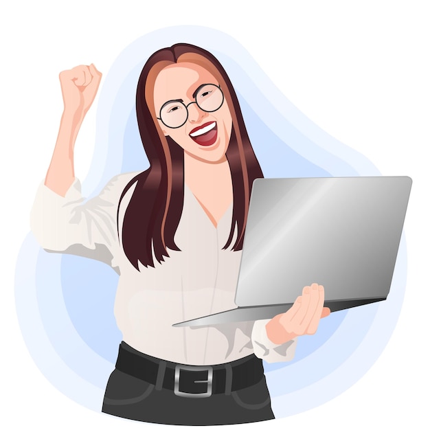 Ilustracja radosnej dziewczyny z laptopem, praca biurowa, zespół