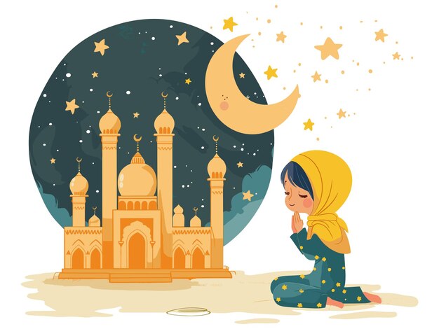 Ilustracja Ramadanu dziewczyny w hidżabie modli się nocna scena meczet