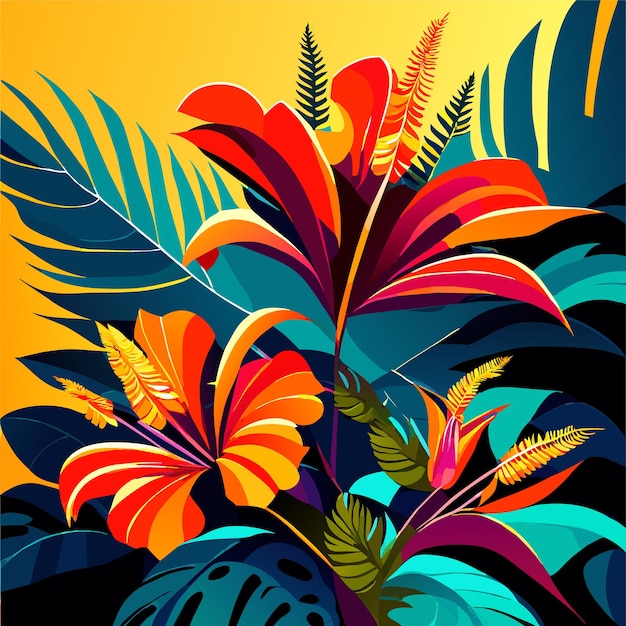 Plik wektorowy ilustracja realistycznej gałęzi tropikalnej palmy z kwiatami hibiskusa