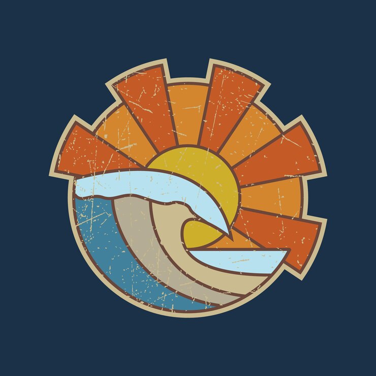 Ilustracja retro słońce na zewnątrz z falami plaży ocean wektor wzór na koszulki z naklejkami i nie tylko