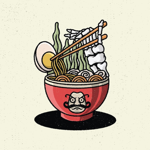 Ilustracja Rysunek Z Szorstkiej Grafiki Liniowej, Koncepcja Makaronu Ramen Z Ręką Szkieletu