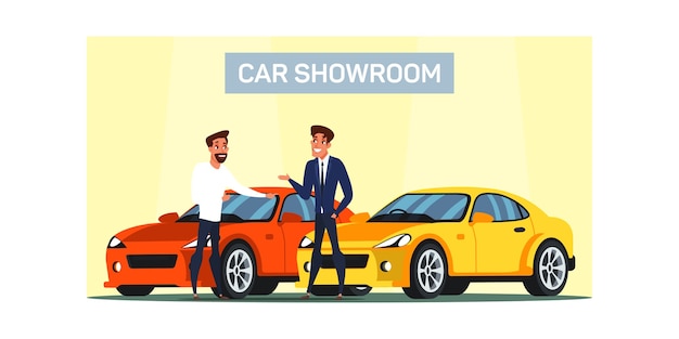 Ilustracja salonu samochodowego. Mężczyzna kupuje nowy luksusowy pojazd. Serwis samochodowy. Auto kupujący i sprzedający postaci z kreskówek. Konsultant sklepu pomagający klientowi w wyborze samochodu