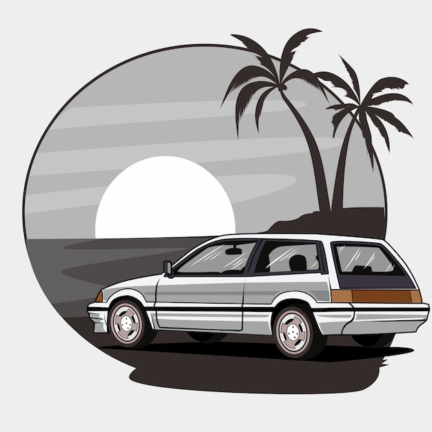 Plik wektorowy ilustracja samochód, klasyczny samochód z plażowym tłem