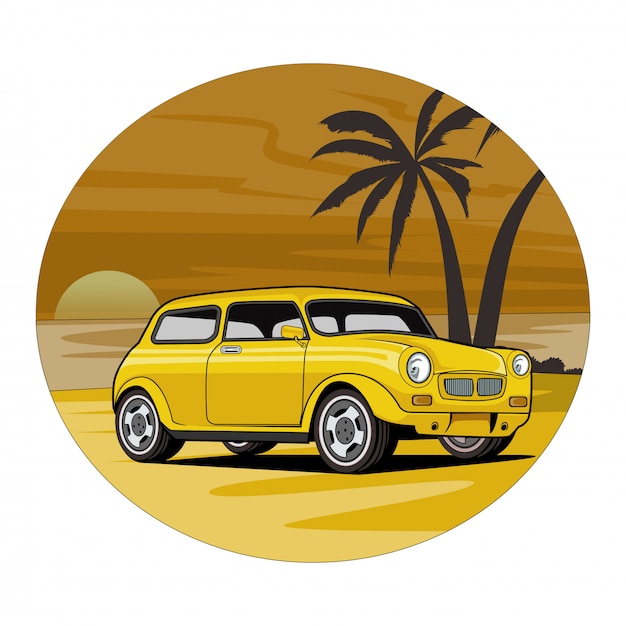 Plik wektorowy ilustracja samochód, mini morris z plażowym tłem