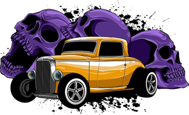 Plik wektorowy ilustracja samochodu hot rod z czaszkami