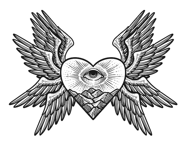 Plik wektorowy ilustracja serca skrzydła anioła z oczami illuminati