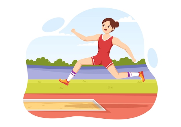 Plik wektorowy ilustracja skoku w dal z sportowcem wykonującym skoki w piaskownicy na stronę docelową w mistrzostwach sportowych