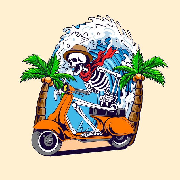 Ilustracja Skull Ridding Scooter Na Plaży