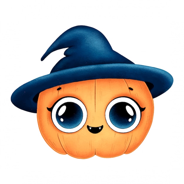 Plik wektorowy ilustracja ślicznej kreskówki halloween pomarańczowa bania w czarodzieja kapeluszu. halloweenowa magiczna wampir bania odizolowywająca