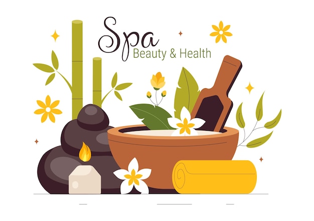 Ilustracja Spa Beauty and Health zawierająca naturalne kosmetyki i produkty przyjazne dla środowiska dla problematycznych zabiegów skórnych lub twarzy u kobiet