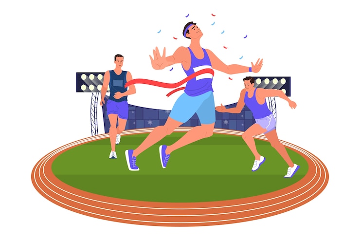 ilustracja sportowiec w sprincie. Zawody w bieganiu. Szkolenie młodych sportowców zawodowych. Sportowiec na stadionie. Turniej mistrzowski. wektor