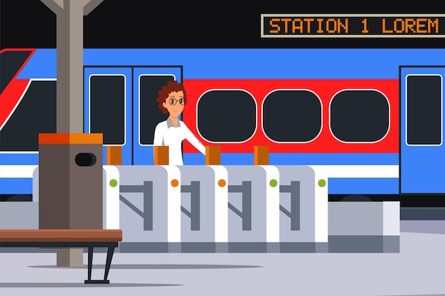 Ilustracja stacji metra kobieta stojąca w pobliżu bramki biletowej, czekająca na dojeżdżającego do pracy pociągu tramwajowego, zatrzymująca się na peronie