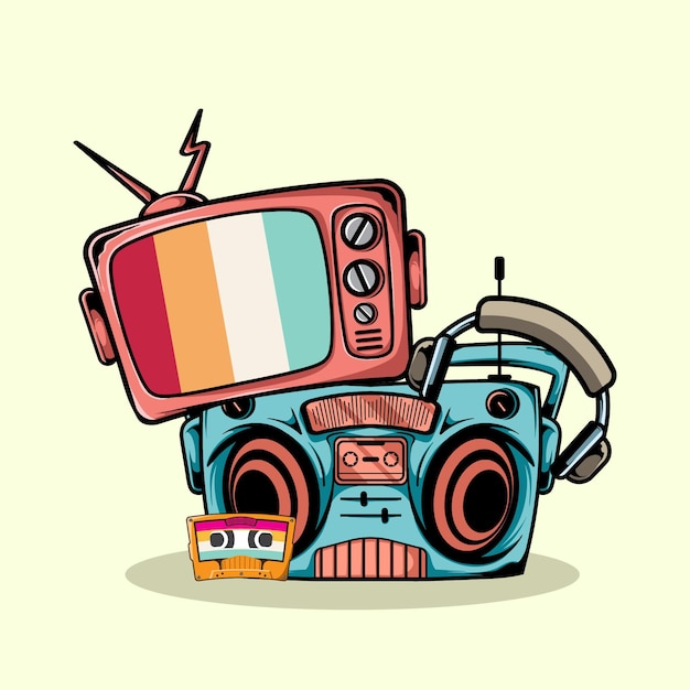 ILUSTRACJA STARY TELEWIZOR, RADIO, SŁUCHAWKI I KASETY