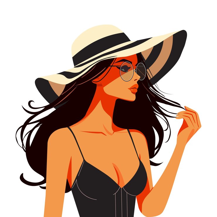 Wektor ilustracja stylu mody brunetka na wakacjach w czarnym topie
