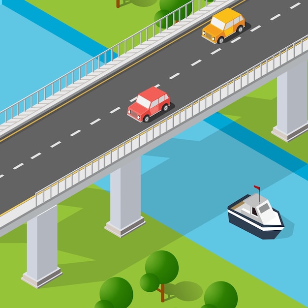 Ilustracja Stylu życia Miejskiego życia Izometryczny Obraz Rzeki Z Mostem Samochodowym Nasypem I Statkiem