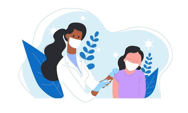 Ilustracja szczepienia dzieci w płaskim stylu na białym tle Ochrona przed wirusami opieka zdrowotna