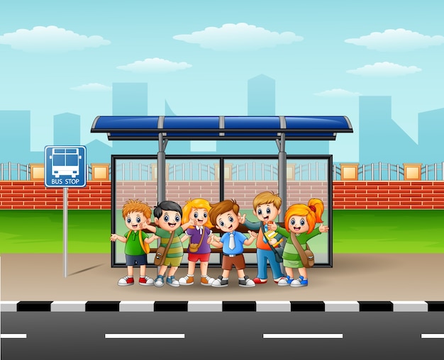 Ilustracja Szczęśliwe Dzieci Na Przystanku Autobusowym