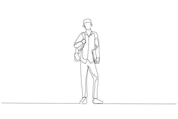 Ilustracja szczęśliwego studenta stojącego po zajęciach Styl sztuki pojedynczej linii