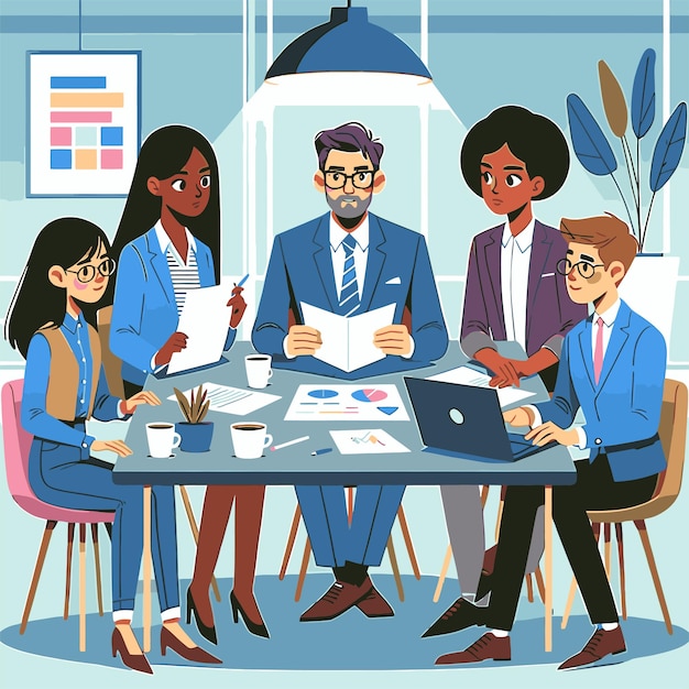 ilustracja szefa i zespołu brainstorming projektu
