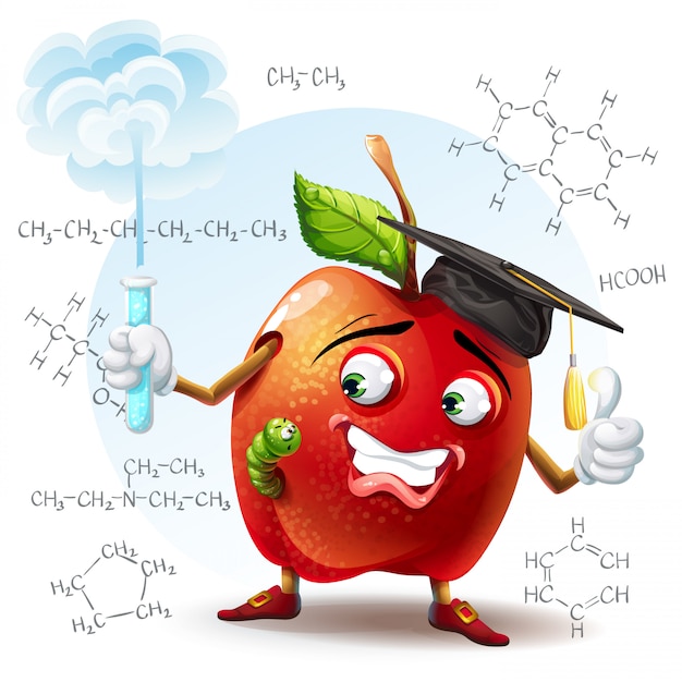 Ilustracja szkolne jabłko z robakiem i probówką w ręku z wzorami chemicznymi w tle.