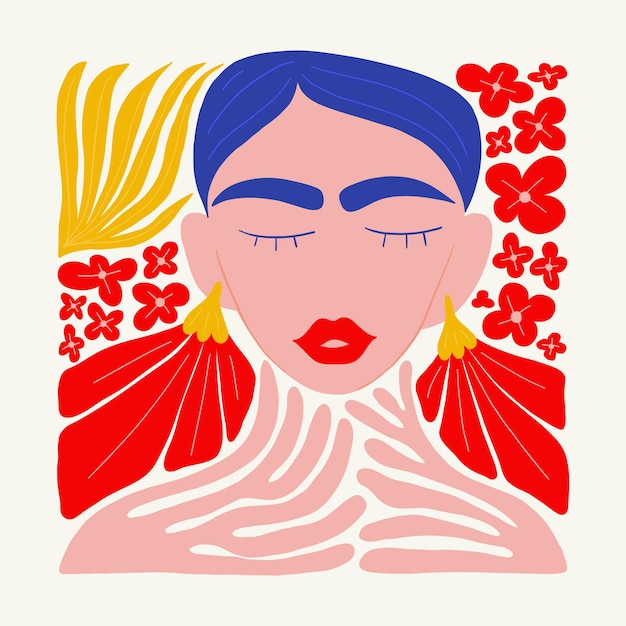 Ilustracja Sztuki Abstrakcyjnej Nowoczesny Modny Minimalistyczny Styl Matisse'a Różowe, Niebiesko-żółte Kolory Ręcznie Rysowane