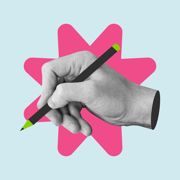 Ilustracja sztuki pop z przyciętą ręką trzymającą ołówek
