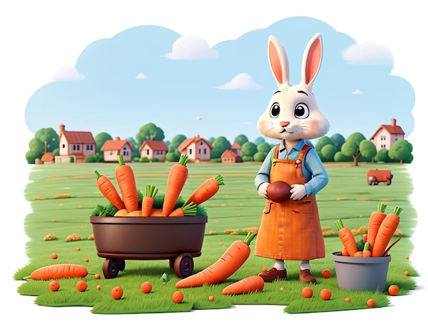 Plik wektorowy ilustracja: ten królik zbiera marchewki na polu marchewkowym
