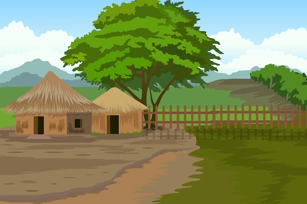 Ilustracja Tła Indyjskiej Wioski. Piękna Wieś Z Polami Uprawnymi, W Tle Drzewa