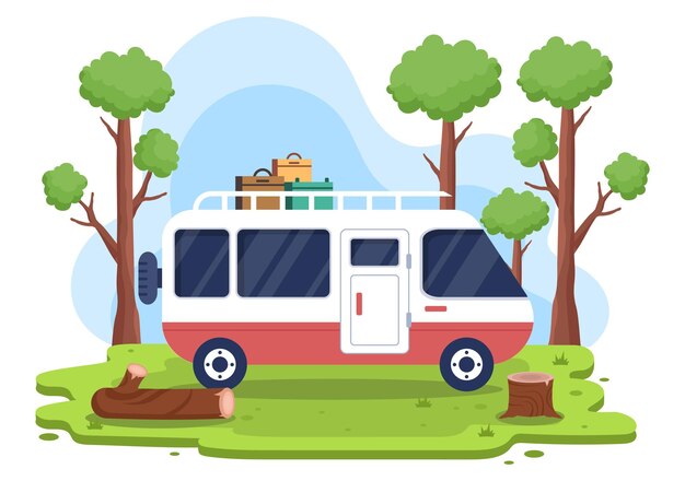 Ilustracja Tła Samochodu Kempingowego Z Namiotem Camper Car I Sprzętem Na Przygodę Lub Wakacje