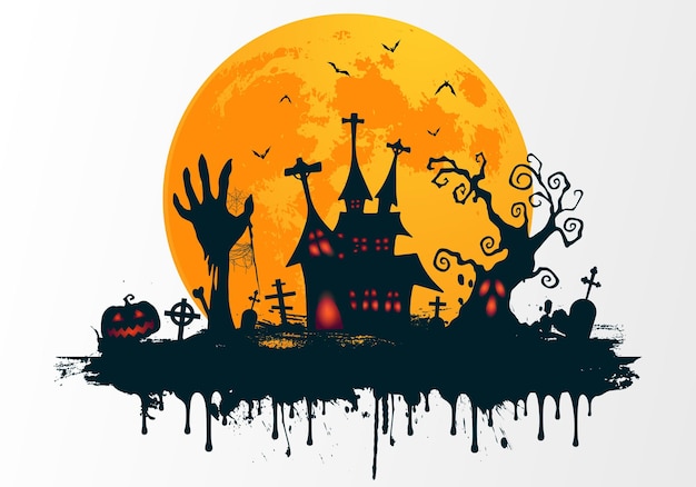 Ilustracja Tła Szczęśliwej Karty Halloween Z Ręką Zombie I Domem Halloween Przed Wielką Pełnią Księżyca