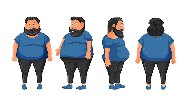 Plik wektorowy ilustracja tłustego mężczyzny z brodą ze wszystkimi stronami pozy