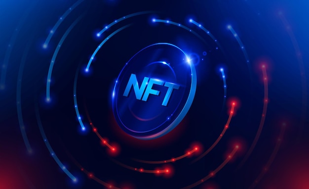 Ilustracja tokena NFT niezamiennego z czerwonymi i niebieskimi świecącymi światłami ciemnoniebieskim tłem Kryptowaluta wektorowa