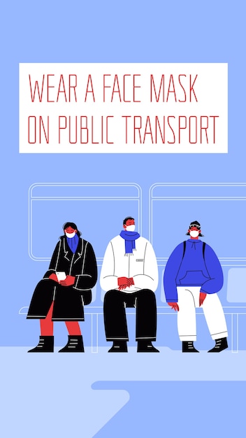 Plik wektorowy ilustracja trzech znaków w maskach siedzących w transporcie publicznym.
