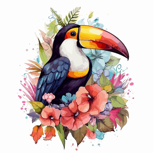 Plik wektorowy ilustracja tukan z tropikalnymi kwiatami