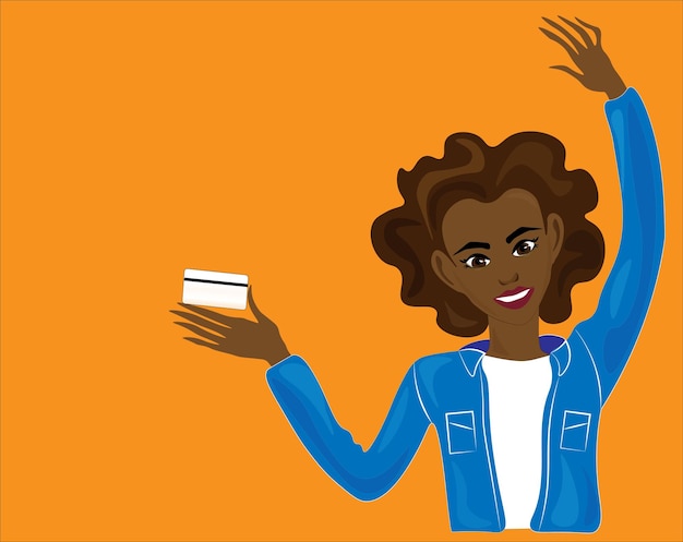 Ilustracja uroczej afroamerykańskiej kobiety z kartą kredytową Czas zacząć coś nowego pomysłu na zakupy