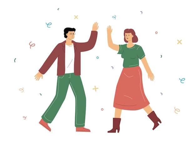 Ilustracja w miękkich kolorach, na której dwaj ludzie uderzają sobie w pięć