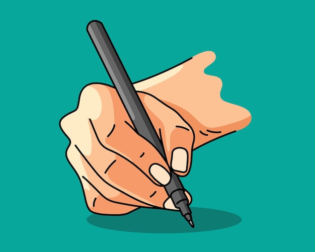 Ilustracja w stylu kreskówki przedstawia dłoń trzymającą długopis gotowy do napisania czegoś