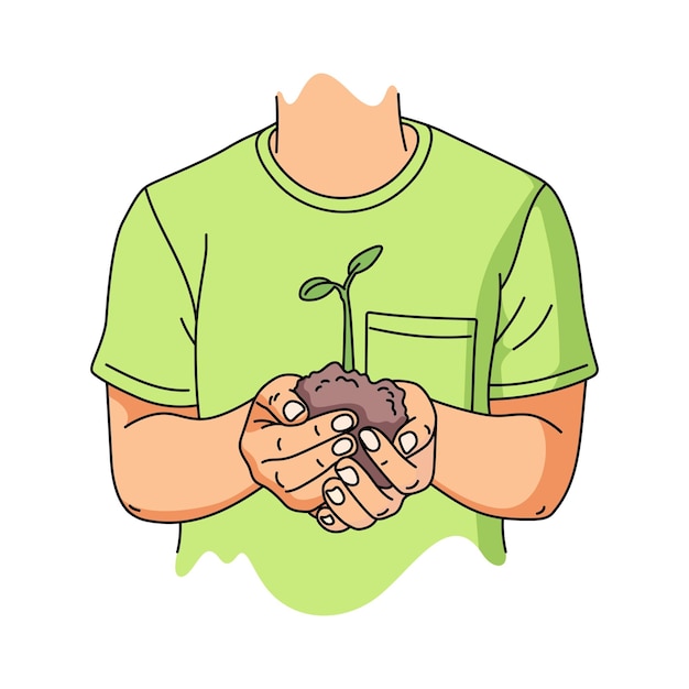Ilustracja w stylu kreskówki przedstawia mężczyznę w zielonej koszuli trzymającego sadzonkę rośliny