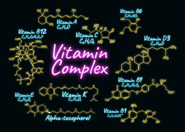 Ilustracja W Stylu Neonowym Kompleks Witamin. Wzór Chemiczny I Struktura