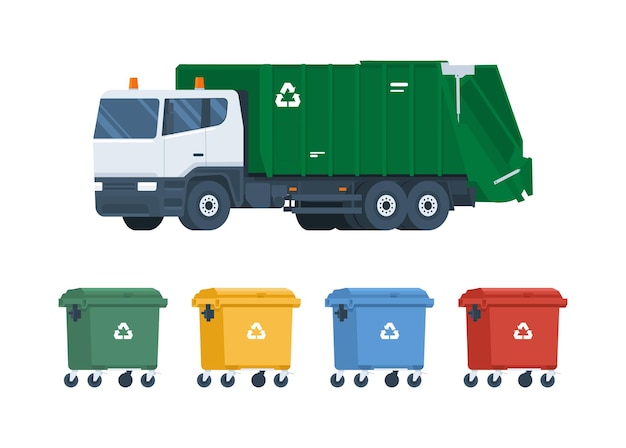 Ilustracja W Stylu Płaskim Wektorowym Z Ciężarówką Na śmieci I Pojemnikami Do Recyklingu