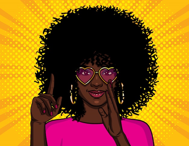 Ilustracja w stylu pop-art, African American girl pokazuje kciuk do góry