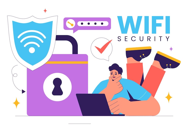 Wektor ilustracja wektora bezpieczeństwa wifi z urządzeniami technologii bezprzewodowej do zabezpieczenia sieci połączenia z internetem bezpieczny dostęp i szyfrowanie hasłem