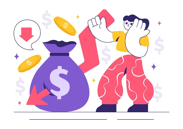 Ilustracja wektora kryzysu finansowego przedstawiająca koncepcje bankructwa, upadku gospodarczego i redukcji kosztów z strzałką w dół w tle