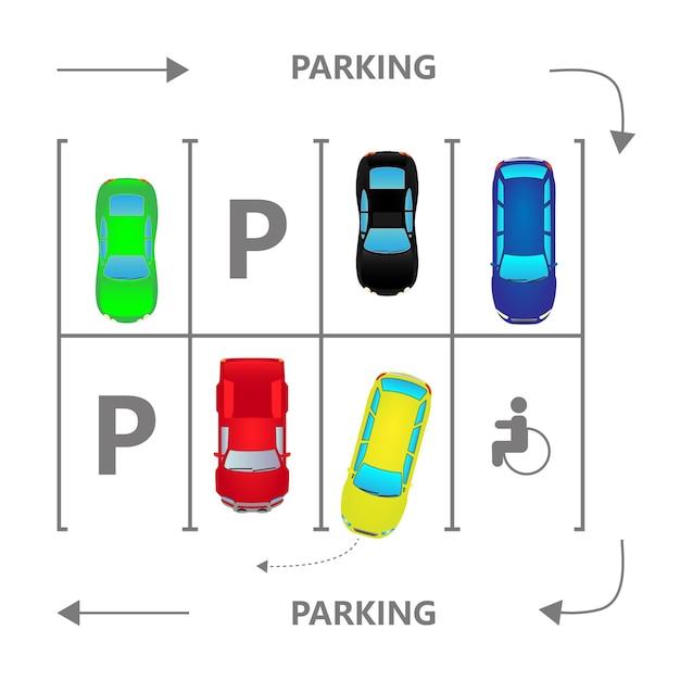 Ilustracja Wektora Parkingu Miejskiego Widok Z Góry Różne Samochody W Strefie Parkowania W Stylu Mieszkania