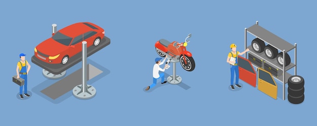 Ilustracja wektora płaskiego izometrycznego 3d usług naprawy samochodów